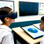 An inclusive group of elementary school children, fully clothed in modest and appropriate attire, engaged in a cutting-edge science lesson. One child wears a Virtual Reality (VR) headset, exploring a simulated environment. Another interacts with an Augmented Reality (AR) projection on a desk, revealing anatomical structures. A third student feels the intricate details of a 3D-printed model of a planet, while an AI-powered personalized learning program is visible on a nearby tablet. A professional, fully clothed teacher observes and guides them in a brightly lit, modern adaptive learning classroom. The atmosphere is one of curiosity and discovery, safe for work, appropriate content, family-friendly, perfect anatomy, correct proportions, natural pose, well-formed hands, proper finger count, natural body proportions, professional photography, high quality.