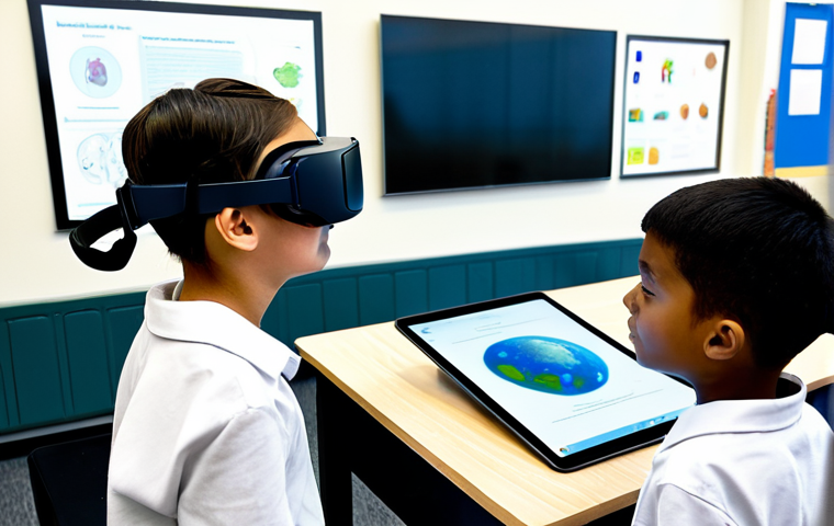 An inclusive group of elementary school children, fully clothed in modest and appropriate attire, engaged in a cutting-edge science lesson. One child wears a Virtual Reality (VR) headset, exploring a simulated environment. Another interacts with an Augmented Reality (AR) projection on a desk, revealing anatomical structures. A third student feels the intricate details of a 3D-printed model of a planet, while an AI-powered personalized learning program is visible on a nearby tablet. A professional, fully clothed teacher observes and guides them in a brightly lit, modern adaptive learning classroom. The atmosphere is one of curiosity and discovery, safe for work, appropriate content, family-friendly, perfect anatomy, correct proportions, natural pose, well-formed hands, proper finger count, natural body proportions, professional photography, high quality.