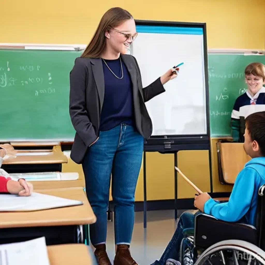 특수교육과 중등교육 - A vibrant, modern classroom bathed in natural light, where diverse students with various physical di...