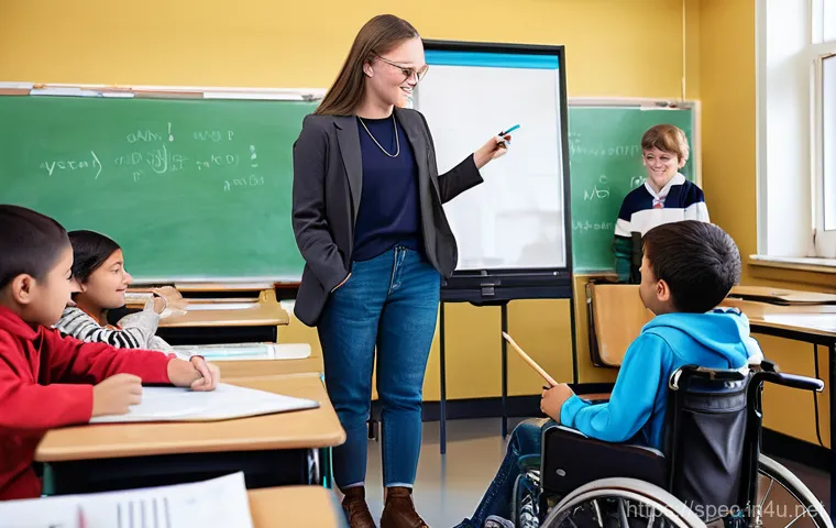 특수교육과 중등교육 - A vibrant, modern classroom bathed in natural light, where diverse students with various physical di...