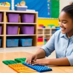특수교육 과정 - A kind female special education teacher with a warm smile is sitting at a brightly lit table, patien...