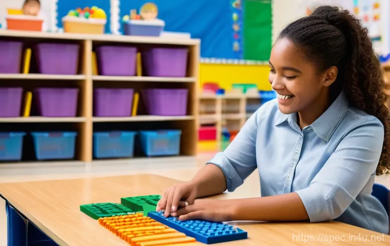 특수교육 과정 - A kind female special education teacher with a warm smile is sitting at a brightly lit table, patien...