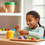 특수교육과 자조 기술 교육 - **Prompt:** A brightly lit, warm, and inviting children's playroom. A cheerful preschool-aged child ...