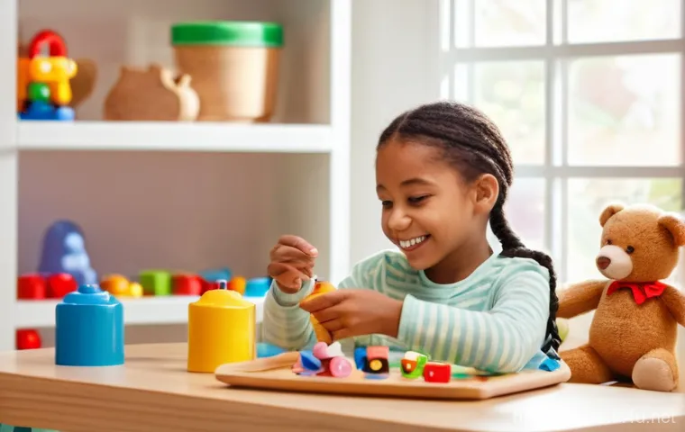 특수교육과 자조 기술 교육 - **Prompt:** A brightly lit, warm, and inviting children's playroom. A cheerful preschool-aged child ...