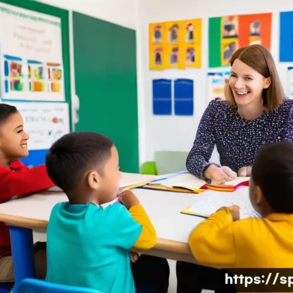 특수교육 교과목 - A compassionate special education classroom scene showing a teacher engaging with intellectually dis...