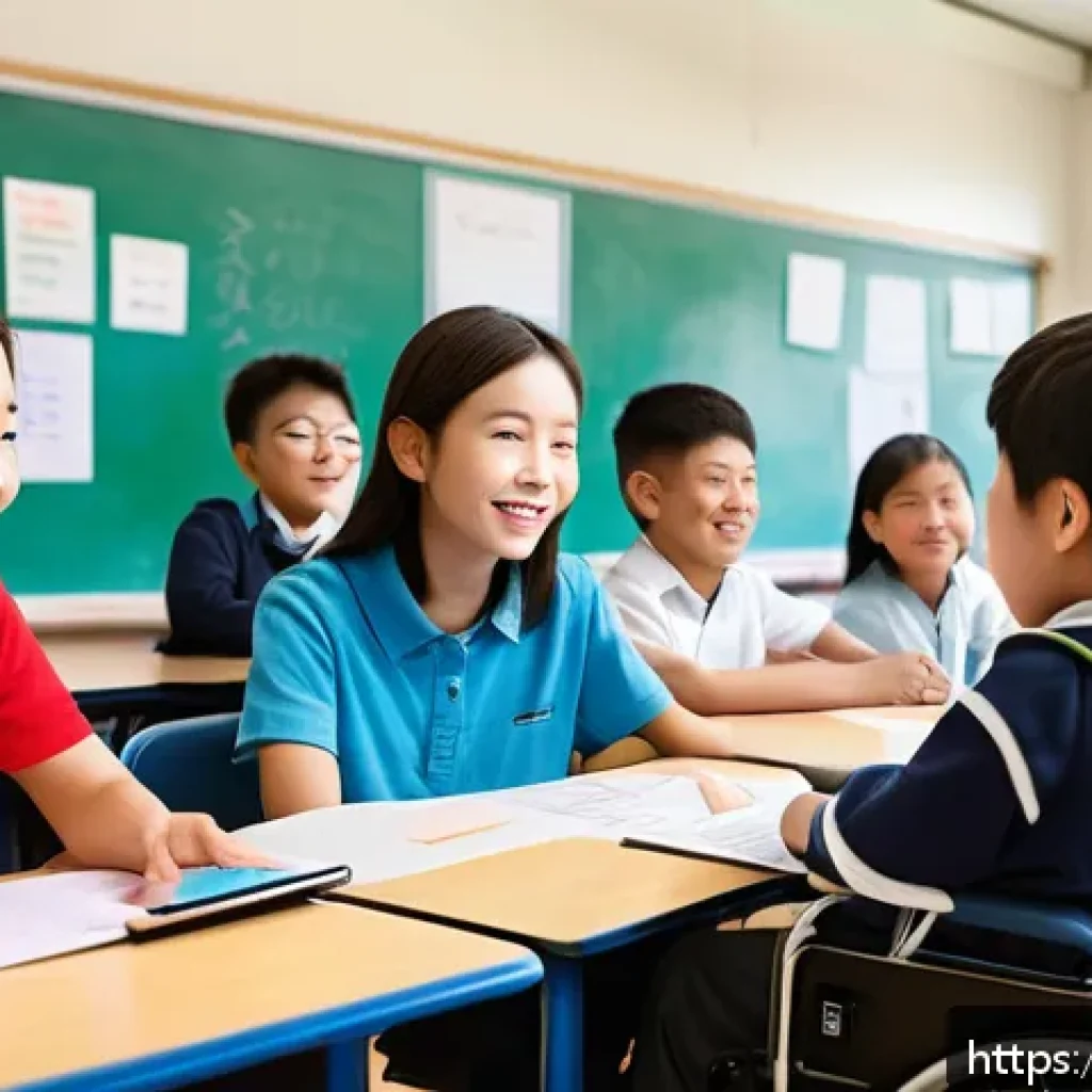 특수교육과 차별 금지 - A diverse inclusive classroom scene showing a teacher engaging with students of various abilities, i...