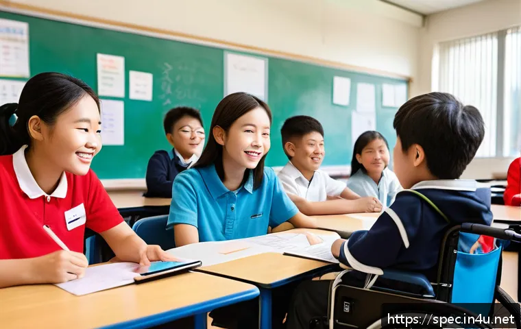 특수교육과 차별 금지 - A diverse inclusive classroom scene showing a teacher engaging with students of various abilities, i...