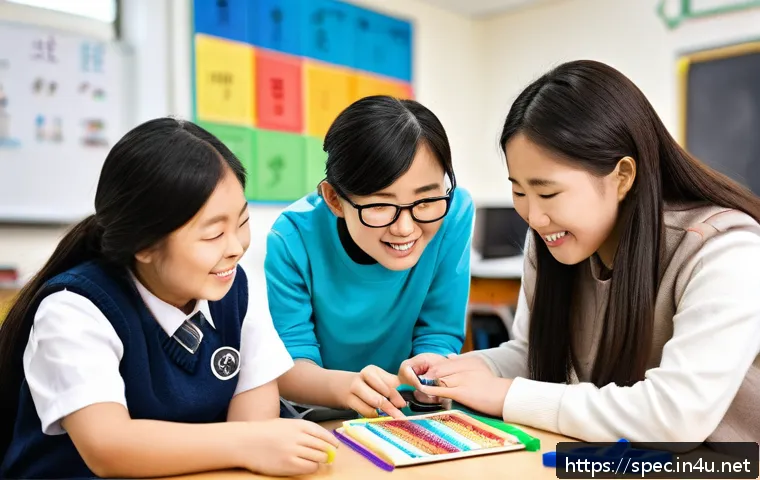 특수교육과 문제 해결 능력 - A diverse classroom scene showing a special education teacher engaging with students who have variou...