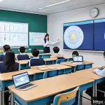 특수교육과 개별 맞춤 학습 - A modern classroom scene showing a diverse group of students including those with special needs, eng...