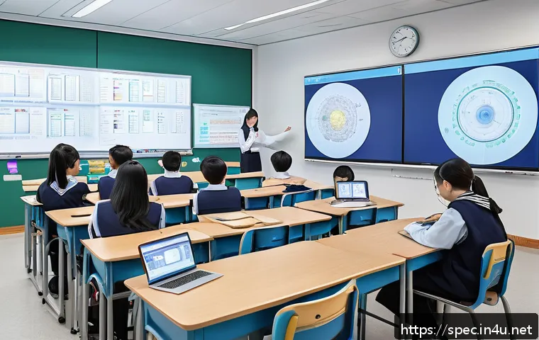 특수교육과 개별 맞춤 학습 - A modern classroom scene showing a diverse group of students including those with special needs, eng...