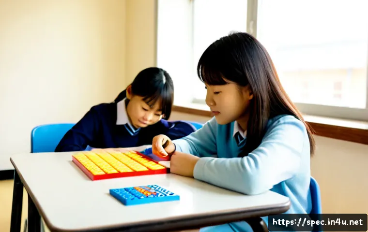 Home 17 학습장애 학생 교육 - Photorealistic inclusive classroom scene, a patient female teacher sitting beside a middle-school st...